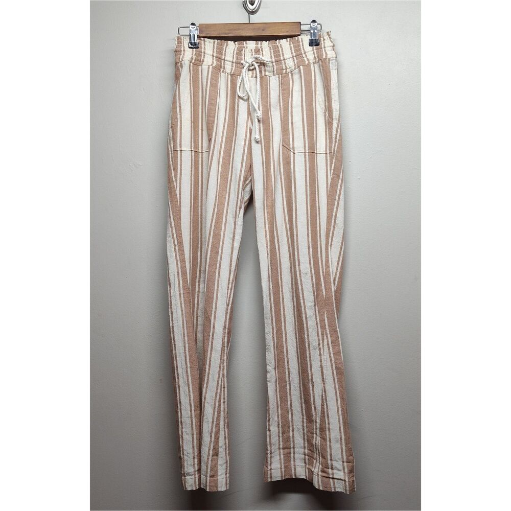 Roxy Oceanside Striped Beach Pants Women S Tan Linen Blend Boho Resortwear